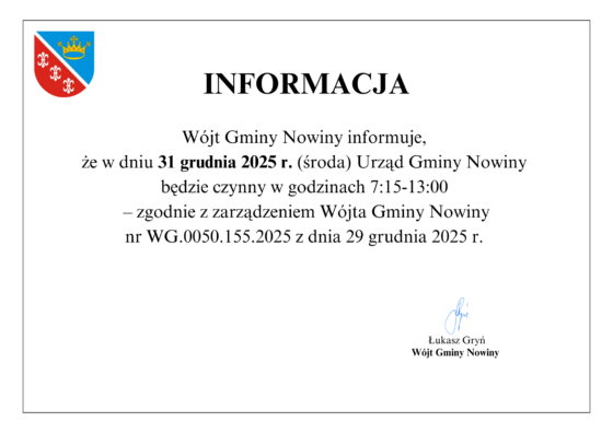 Zmiana czasu pracy Urzędu Gminy w dniu 31 grudnia 2025 r.
