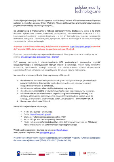 Nabór wniosków do projektu Polskie Mosty Technologiczne (PAIH)