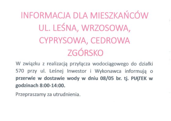 Informacja o przerwie w dostawie wody Zgórsko