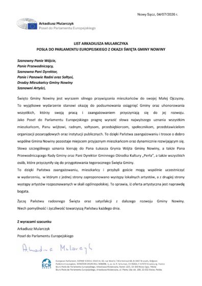 List okolicznościowy Europosła Arkadiusza Mularczyka z okazji Święta Gminy Nowiny